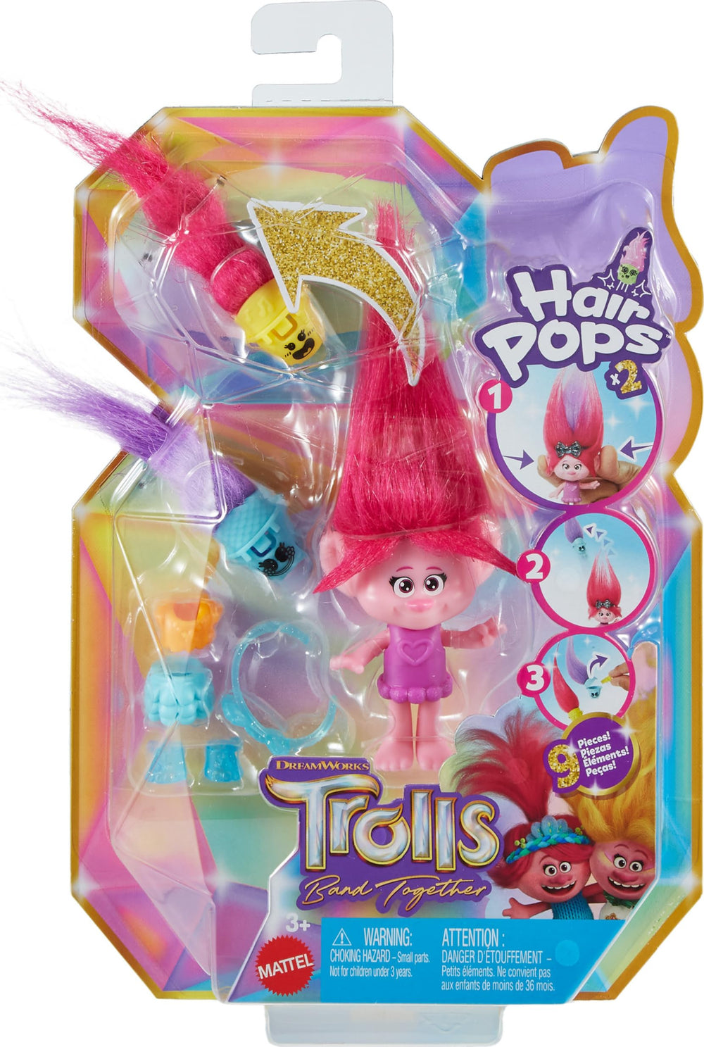 Mattel DreamWorks Trolls Band Together packaging and doll for travel play