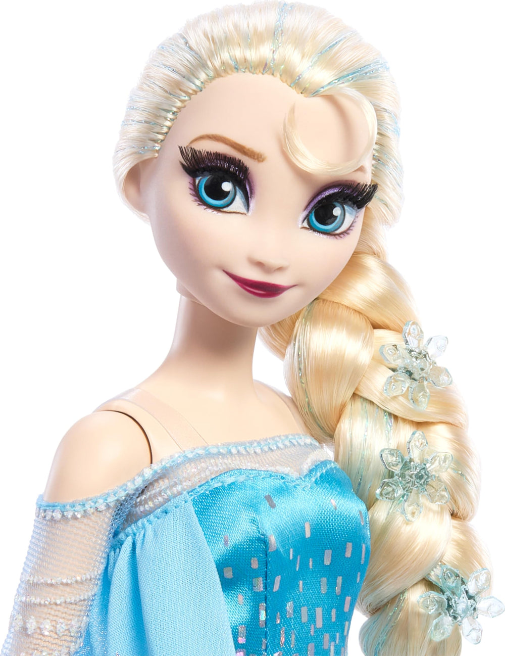 Mattel Frozen Elsa doll side braid with snowflake clips enhances authenticity