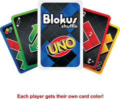 Mattel Games Blokus Shuffle UNO Edition game pieces ready for corner-touch strategy.