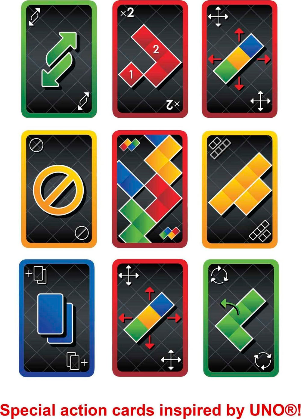 Mattel Games Blokus Shuffle UNO Edition UNO-inspired action cards add twists.