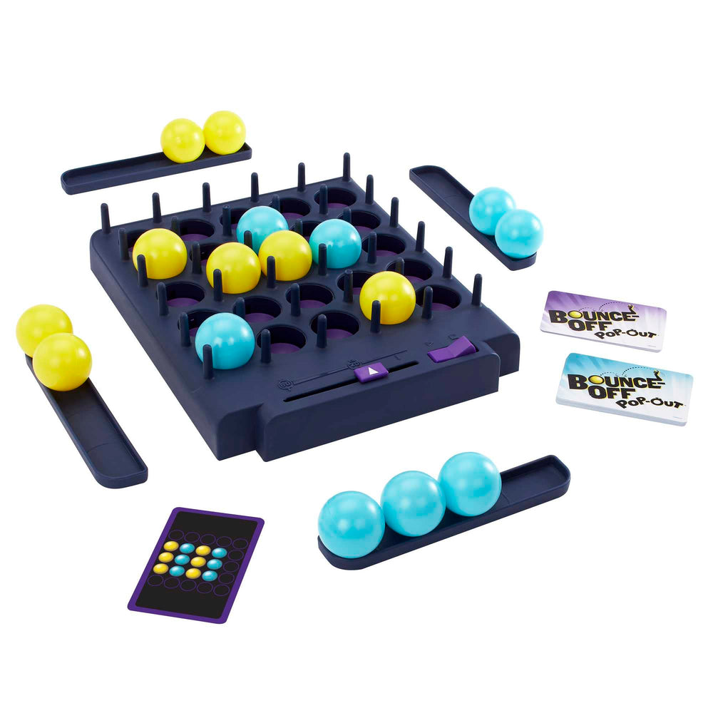 Mattel Games Bounce-Off Pop-Out timer and card setup for quick, energized rounds.