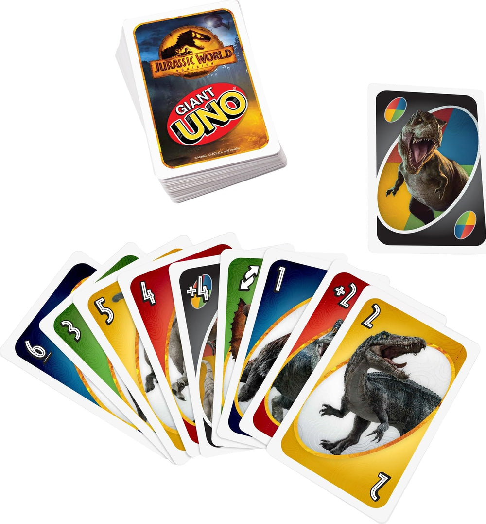 Ages 7 and up: Mattel Giant UNO Jurassic World Dominion suitable for families