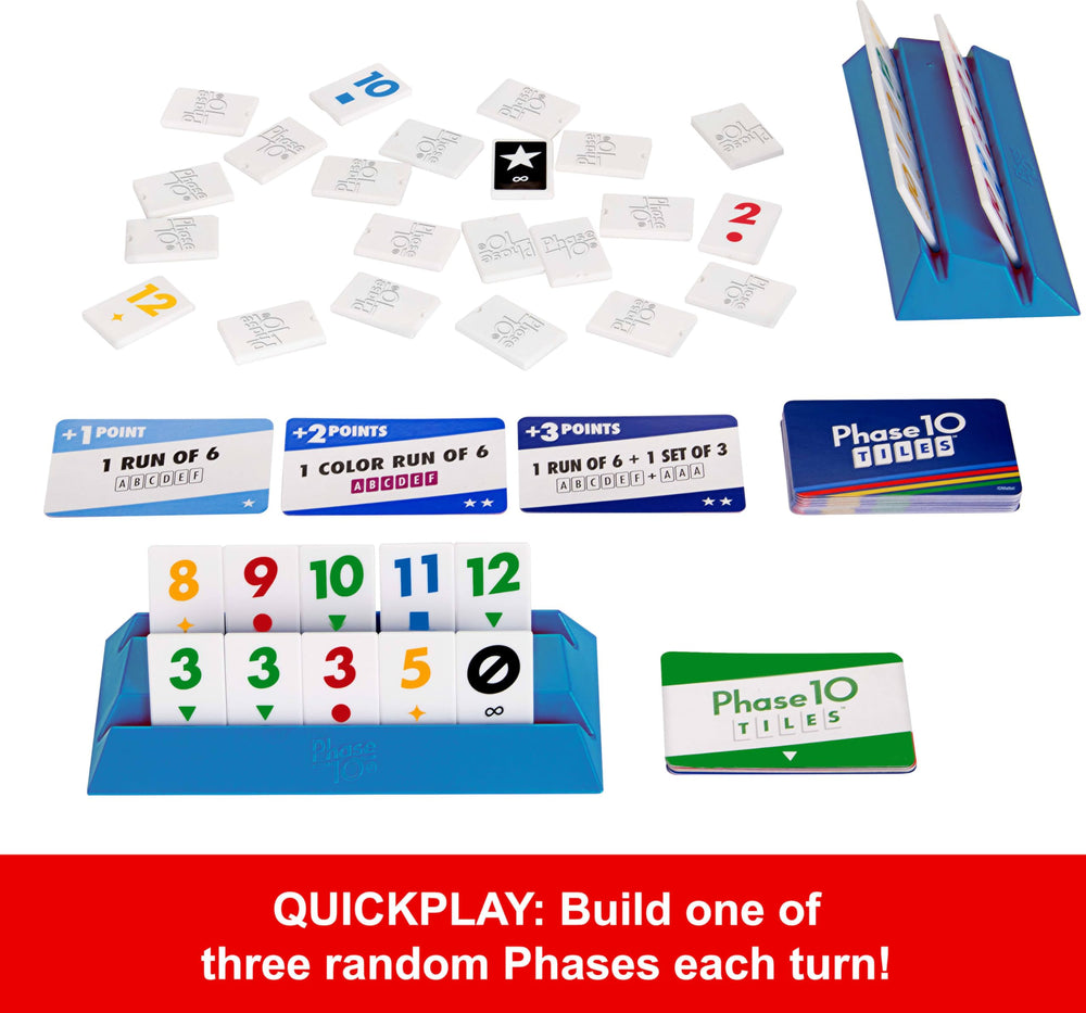 Phase 10 Tiles with four racks designed for up to four players.