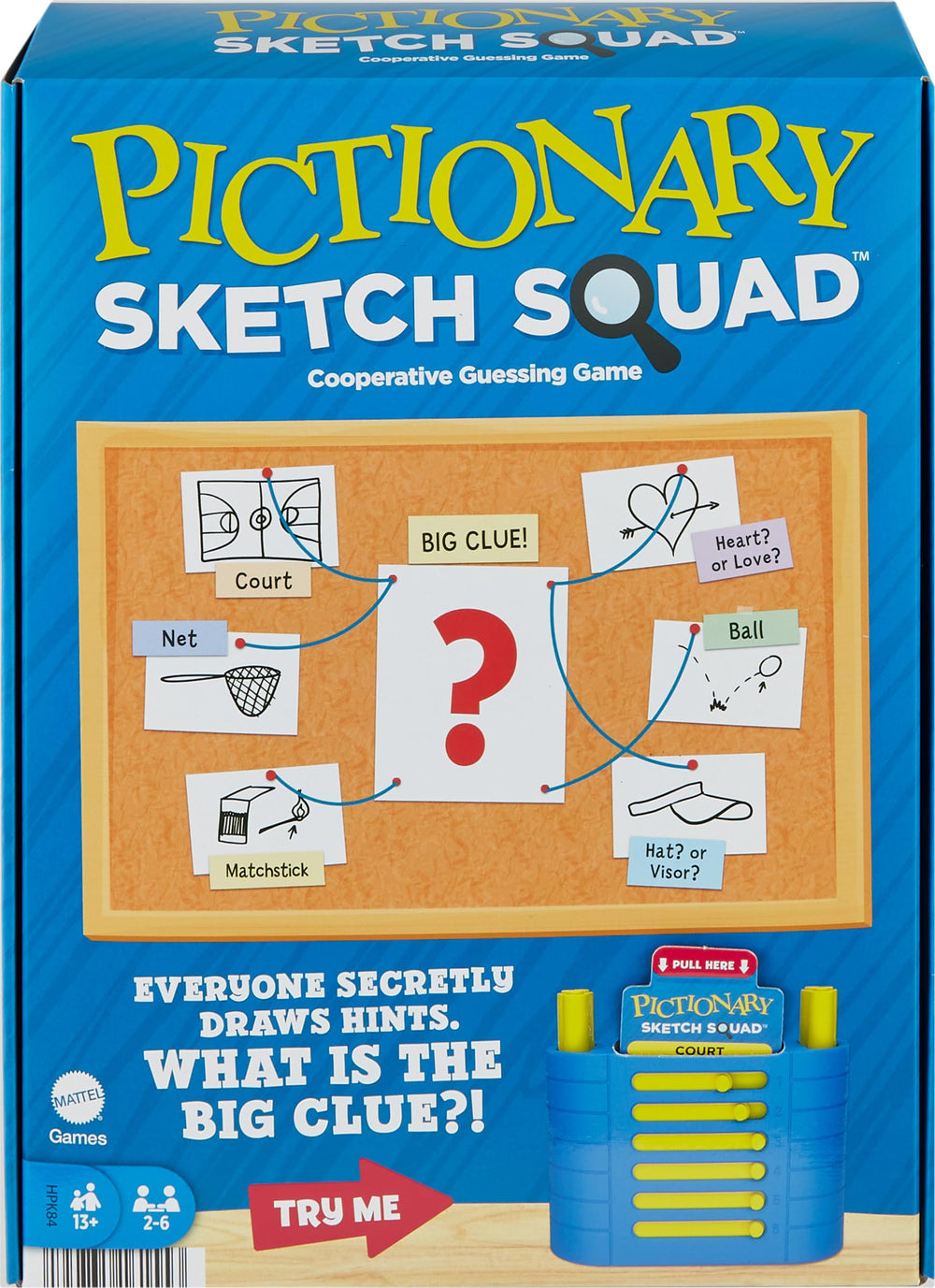 Mattel Games Pictionary Sketch Squad clue case with sliding windows enhances secret hints viewing