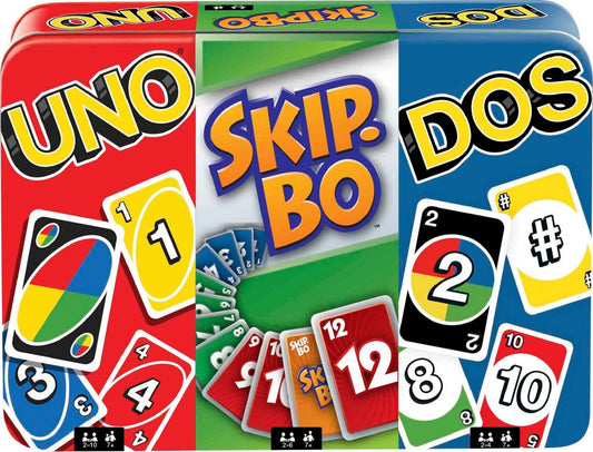 Mattel Games UNO, DOS, and Skip-Bo in a travel tin ready for family game night.