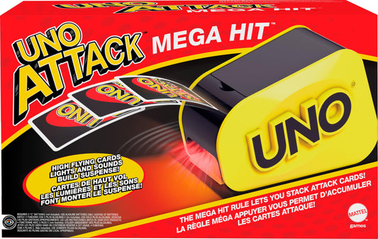 Mattel UNO Attack card launcher with lights for suspenseful card bursts.