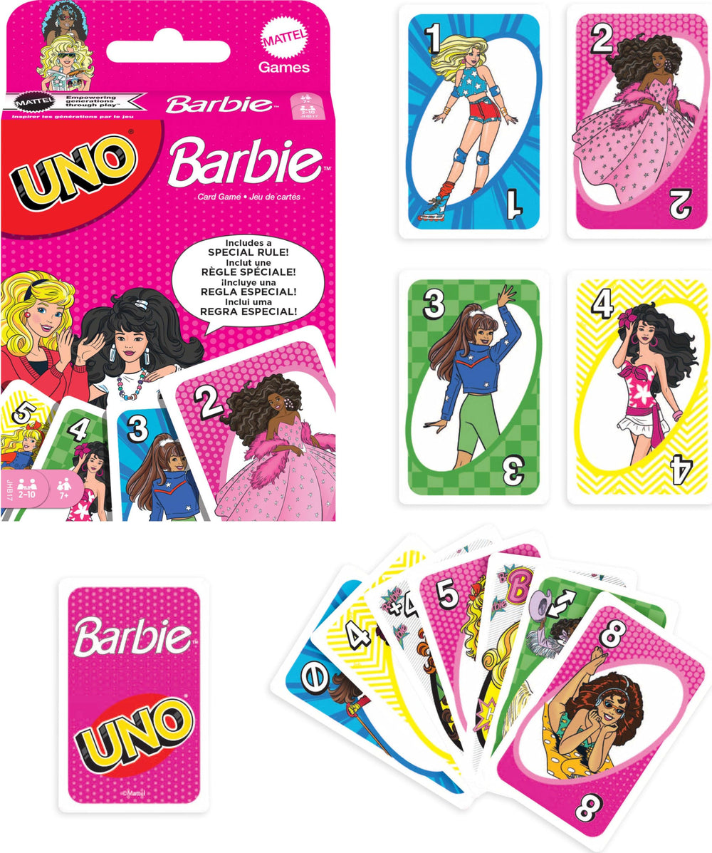 Mattel Games UNO Barbie card game packaging with Barbie graphics, ideal for family game nights