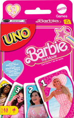 Mattel Games UNO Barbie The Movie card game deck with Barbie characters for family game night.