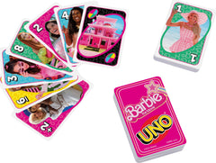 Mattel UNO Barbie The Movie card game shows Played With Too Much rule in action.