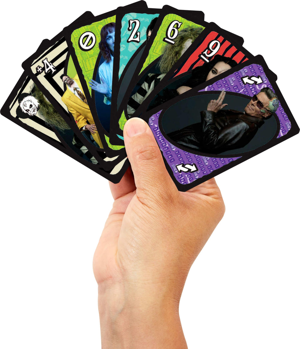 Mattel Games UNO Beetlejuice character art boosts immersion during game night.
