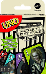 Mattel Games UNO Beetlejuice deck graphics enhance movie-themed family play.