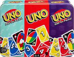 Mattel Games UNO collectible tin showcases portable family game night storage.