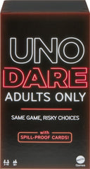 Mattel Games UNO Dare adults-only deck for bold party challenges.