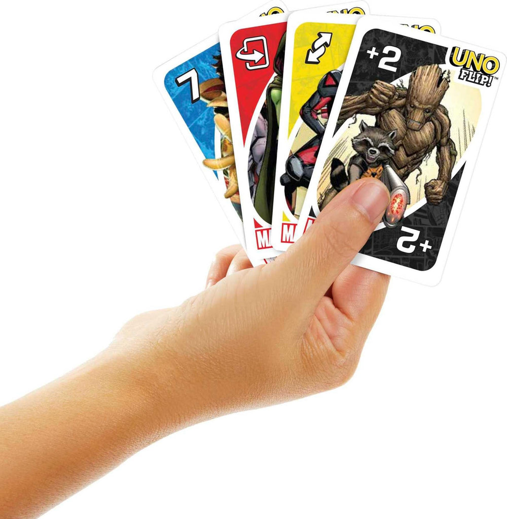Mattel Games UNO Flip Marvel villains side penalties add strategic challenge.