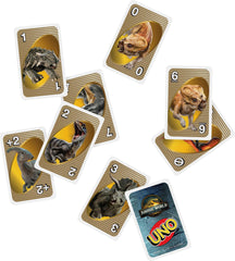 Mattel Games UNO Jurassic World Rebirth Attack of the T Rex rule in action.