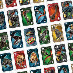 Mattel Games UNO Jurassic World Rebirth character graphics elevate themed sessions.