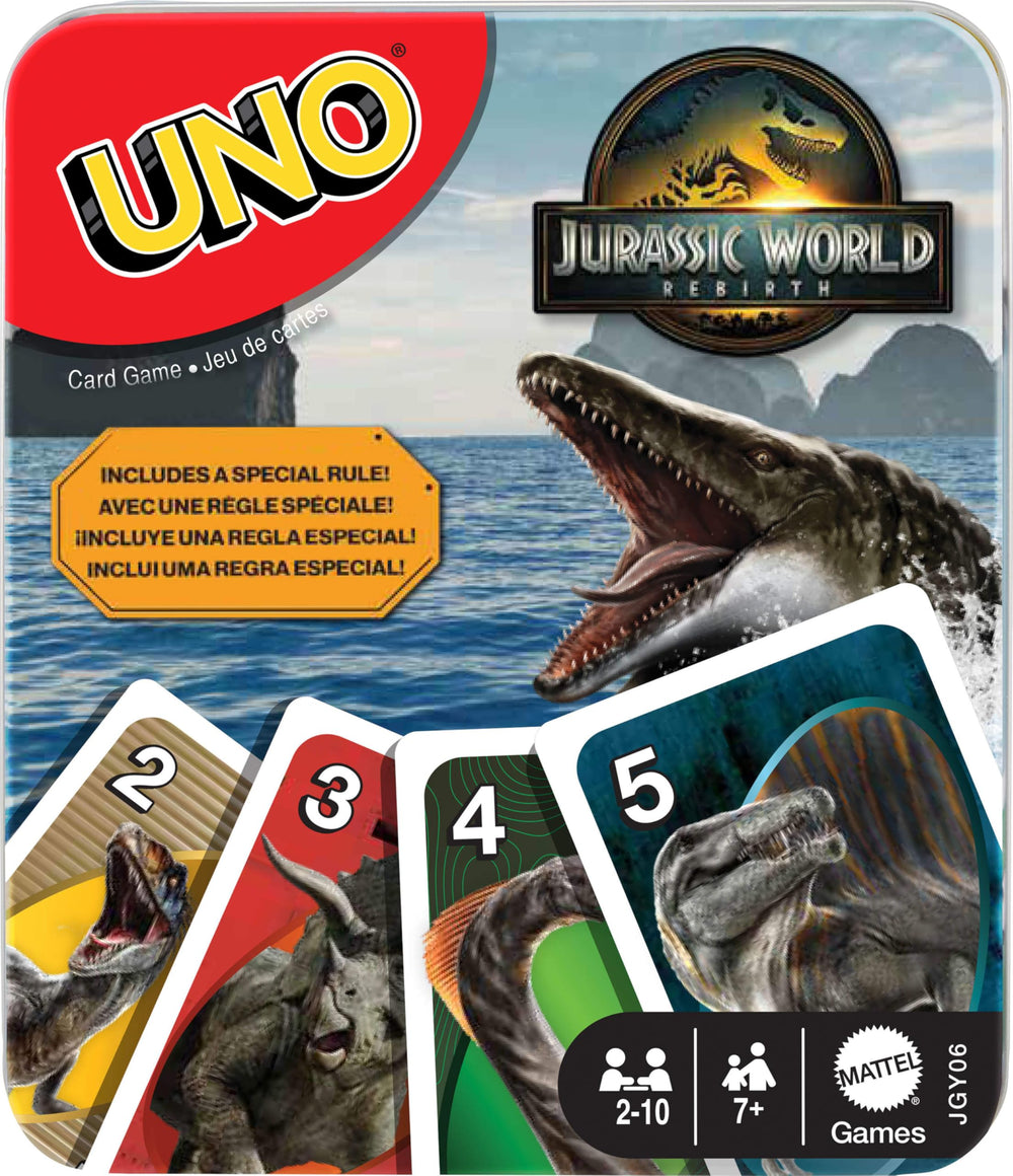 Mattel Games UNO Jurassic World Rebirth deck with vivid character graphics for family game nights.
