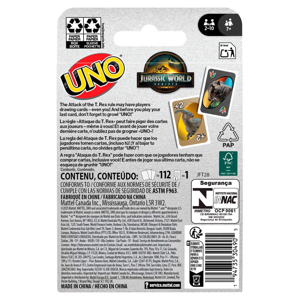 Mattel Games UNO Jurassic World Rebirth last-card UNO call artwork.