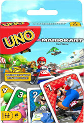 Mattel Games UNO Mario Kart card game front view with race-themed cards for family play