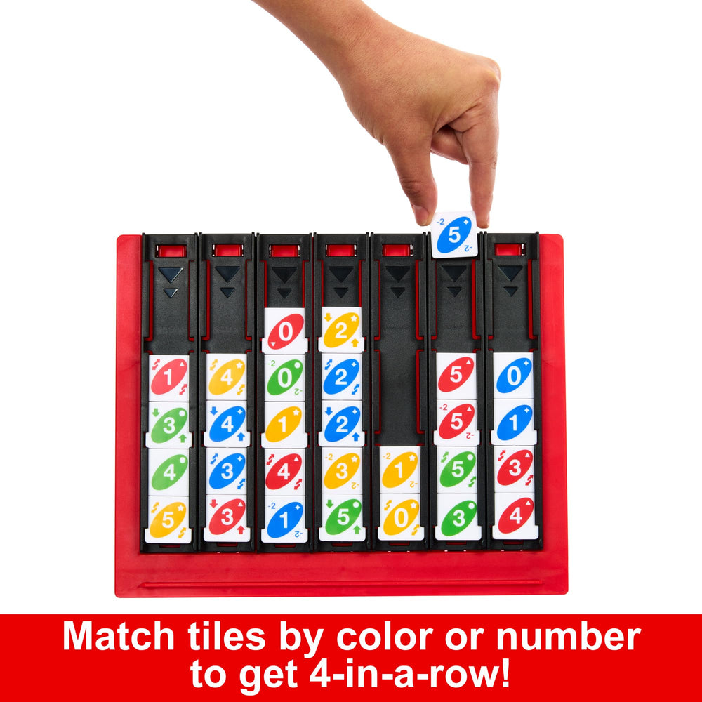 Mattel Games UNO Quatro action tiles demonstrate swaps and twists that keep play dynamic.