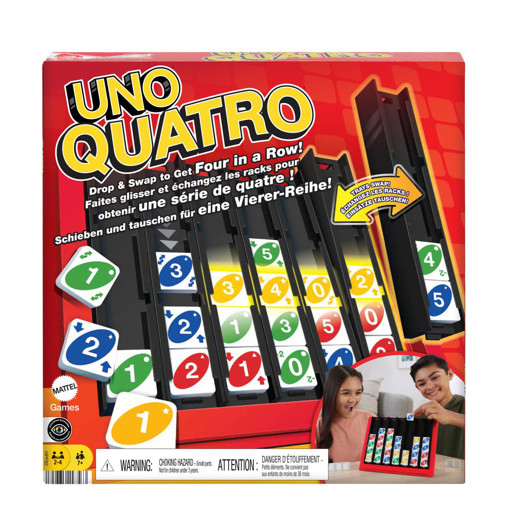 Mattel Games UNO Quatro tiles in trays illustrate color-number matching for strategic play.
