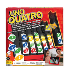 Mattel Games UNO Quatro tiles in trays illustrate color-number matching for strategic play.