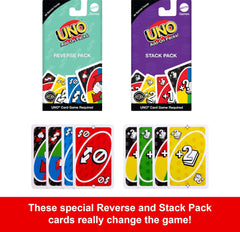 Mattel Games UNO reverse add-on cards change play direction for surprise moments.