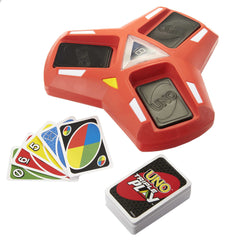 Mattel Games UNO Triple Play display showing three discard piles during rounds