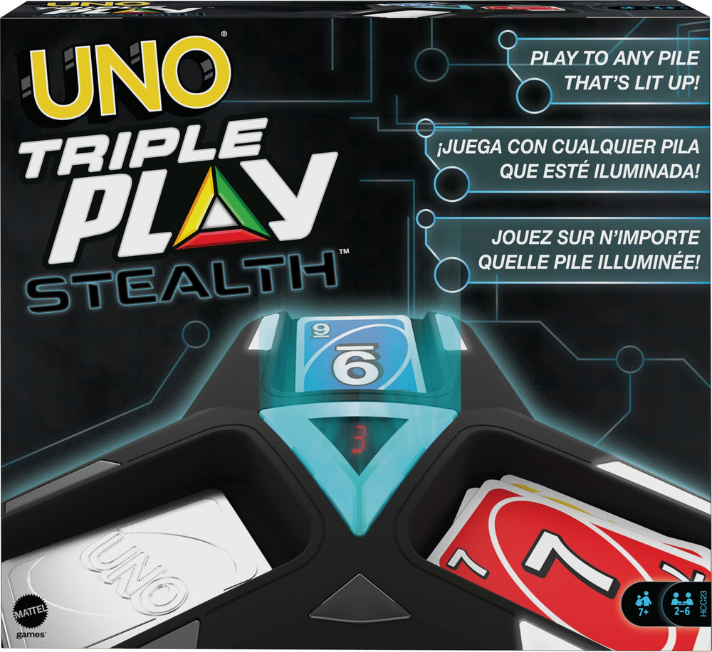 Mattel Games UNO Triple Play unit with three piles for dynamic play and strategy.