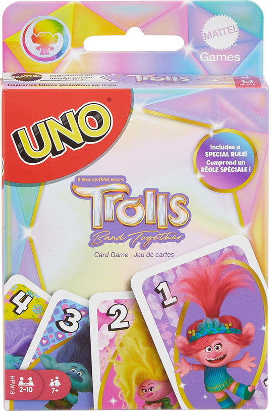 Mattel Games UNO Trolls 3 deck art featuring Trolls Band Together characters for fans
