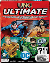 Mattel Games UNO Ultimate DC Card Game pack front shows four hero decks ready to play.