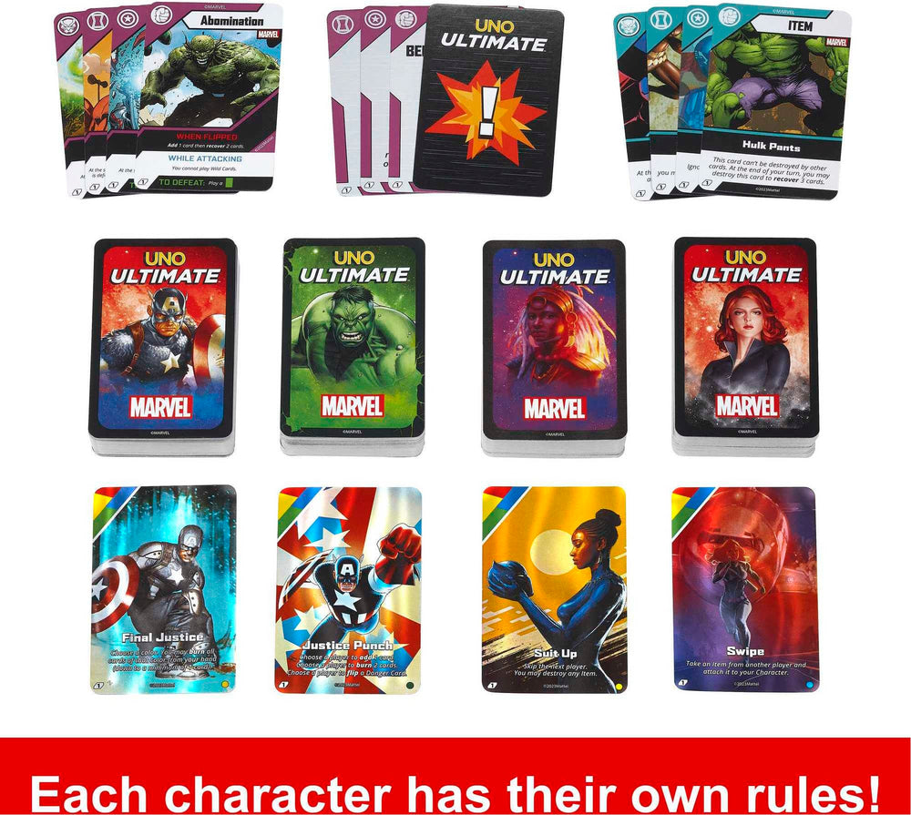 Mattel Games UNO Ultimate Marvel foil cards add shiny collectible flair.