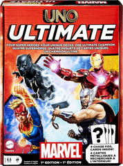 Mattel Games UNO Ultimate Marvel deck with four hero-themed options for exciting matches.