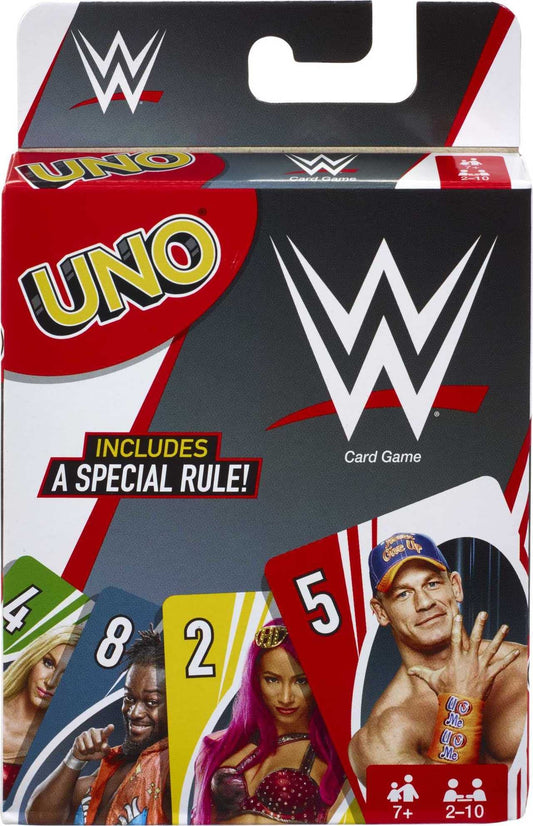 Mattel Games UNO WWE edition packaging on display for WWE fans and gift buyers