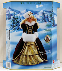 Mattel Happy Holidays Barbie 1996 dress detail, elegant holiday attire for display.
