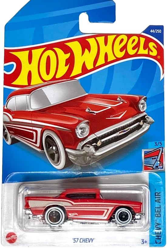 Hot Wheels 57 Chevy Bel Air red die-cast car, ideal for display or imaginative play.