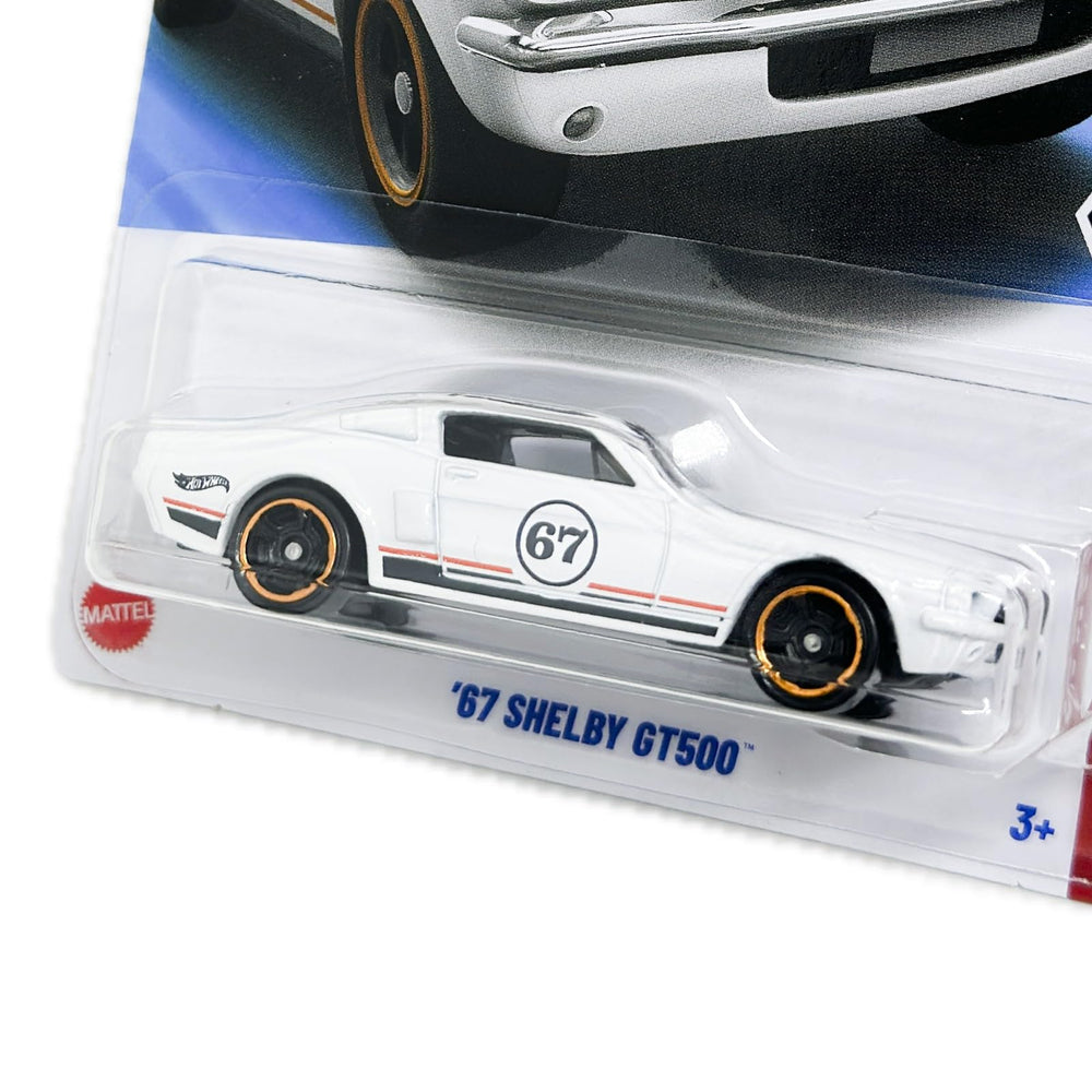 Mattel Hot Wheels 67 Shelby GT500 Mustang white side view emphasizes scale and craftsmanship