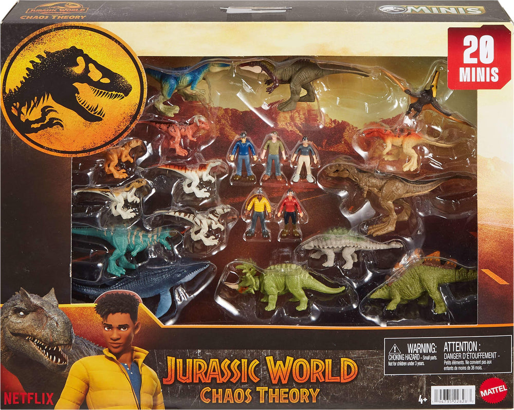 Boxed Mattel Jurassic Park MINIS Chaos Theory 20-Pack packaging and scale reference