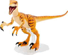 Mattel Jurassic World Amber Collection Tiger Velociraptor figure showcases movie-authentic details for display.