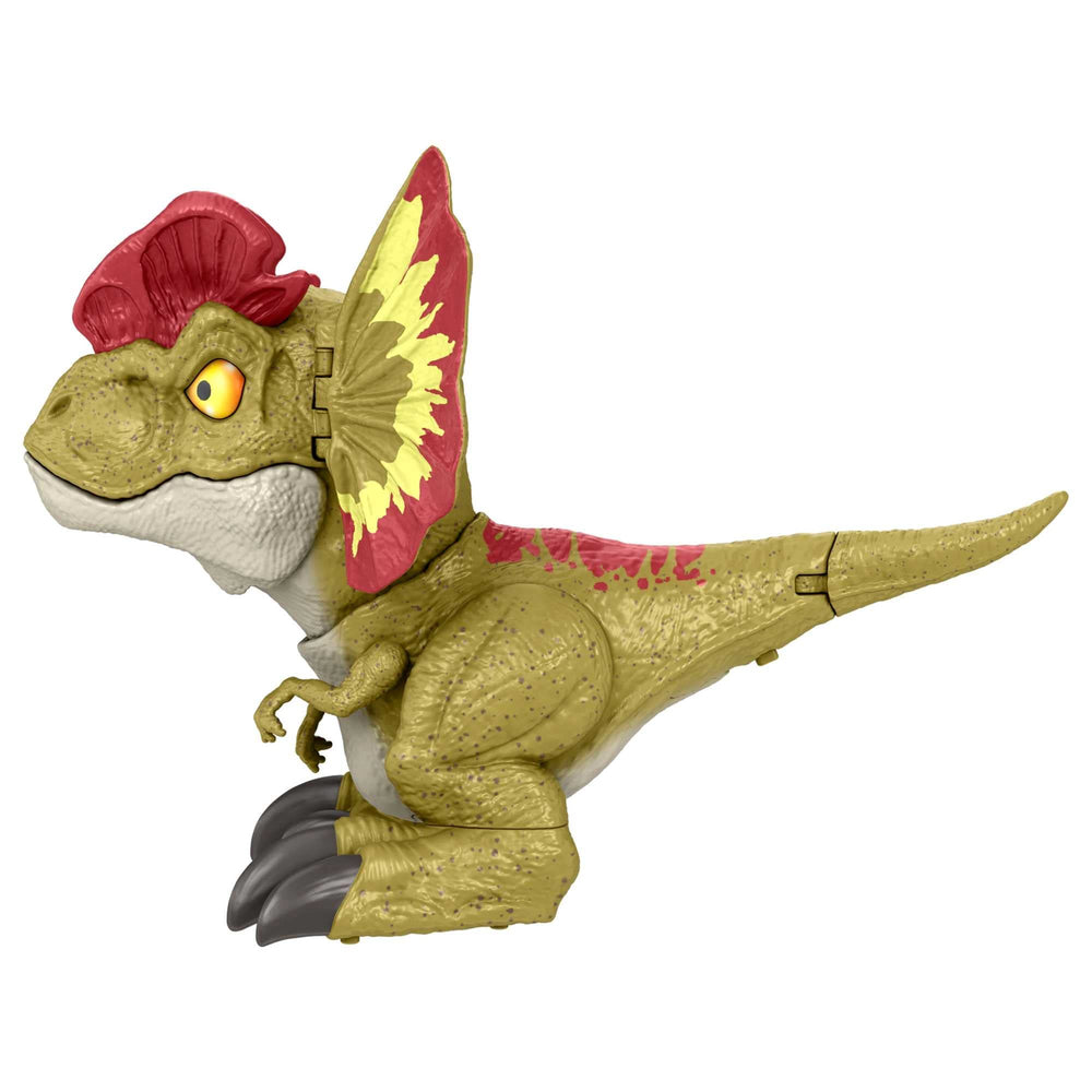 Mattel Jurassic World Dilophosaurus colorful frill close-up for vibrant display and storytelling.