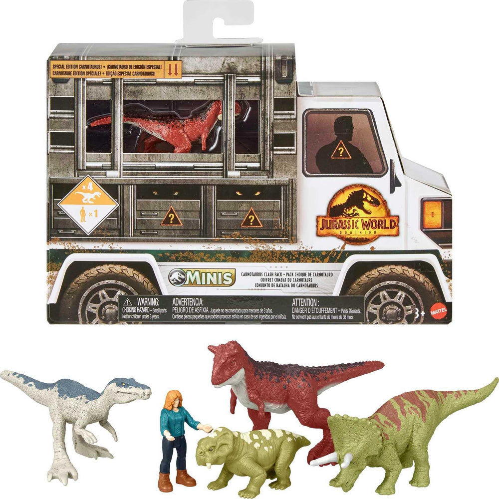Mattel Jurassic World Dominion Carnotaurus Clash Pack in truck package for travel-ready play