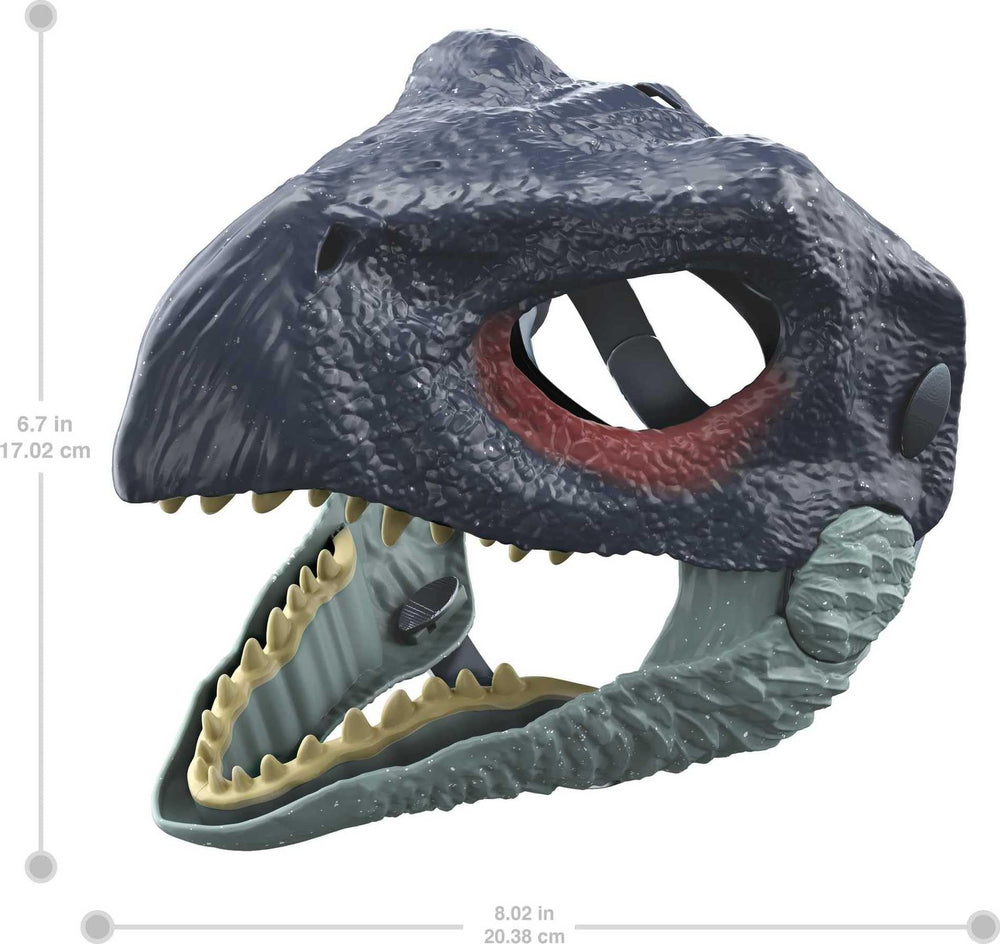 Mattel Jurassic World Dominion Therizinosaurus mask offers secure strap for comfortable, visible-role play.