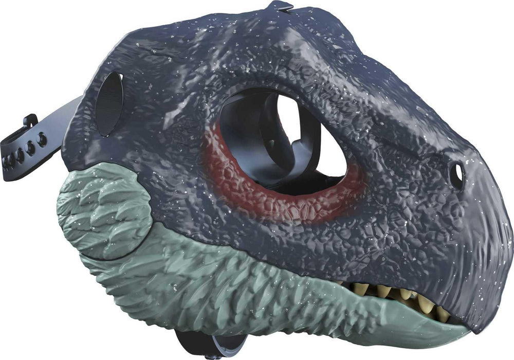Mattel Jurassic World Dominion Therizinosaurus mask features movie-inspired design for immersive cosplay.