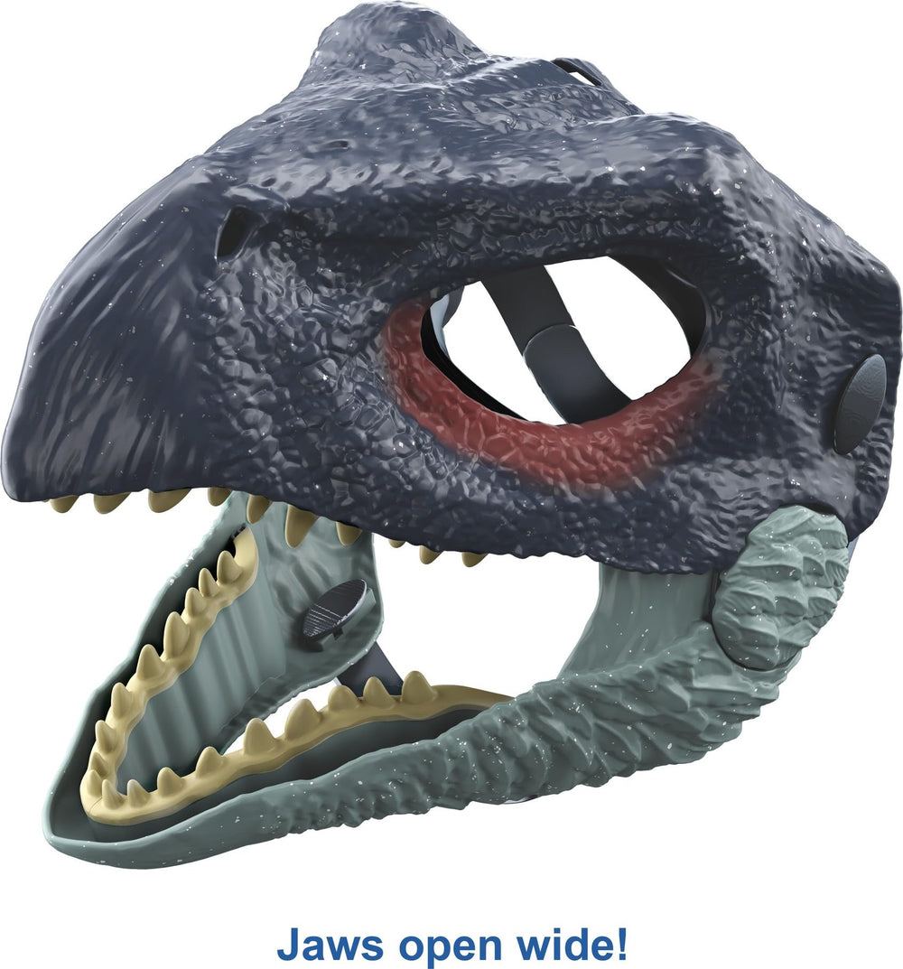 Mattel Jurassic World Dominion Therizinosaurus mask highlights skin texture and colors for authentic pretend play.