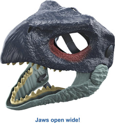 Mattel Jurassic World Dominion Therizinosaurus mask highlights skin texture and colors for authentic pretend play.