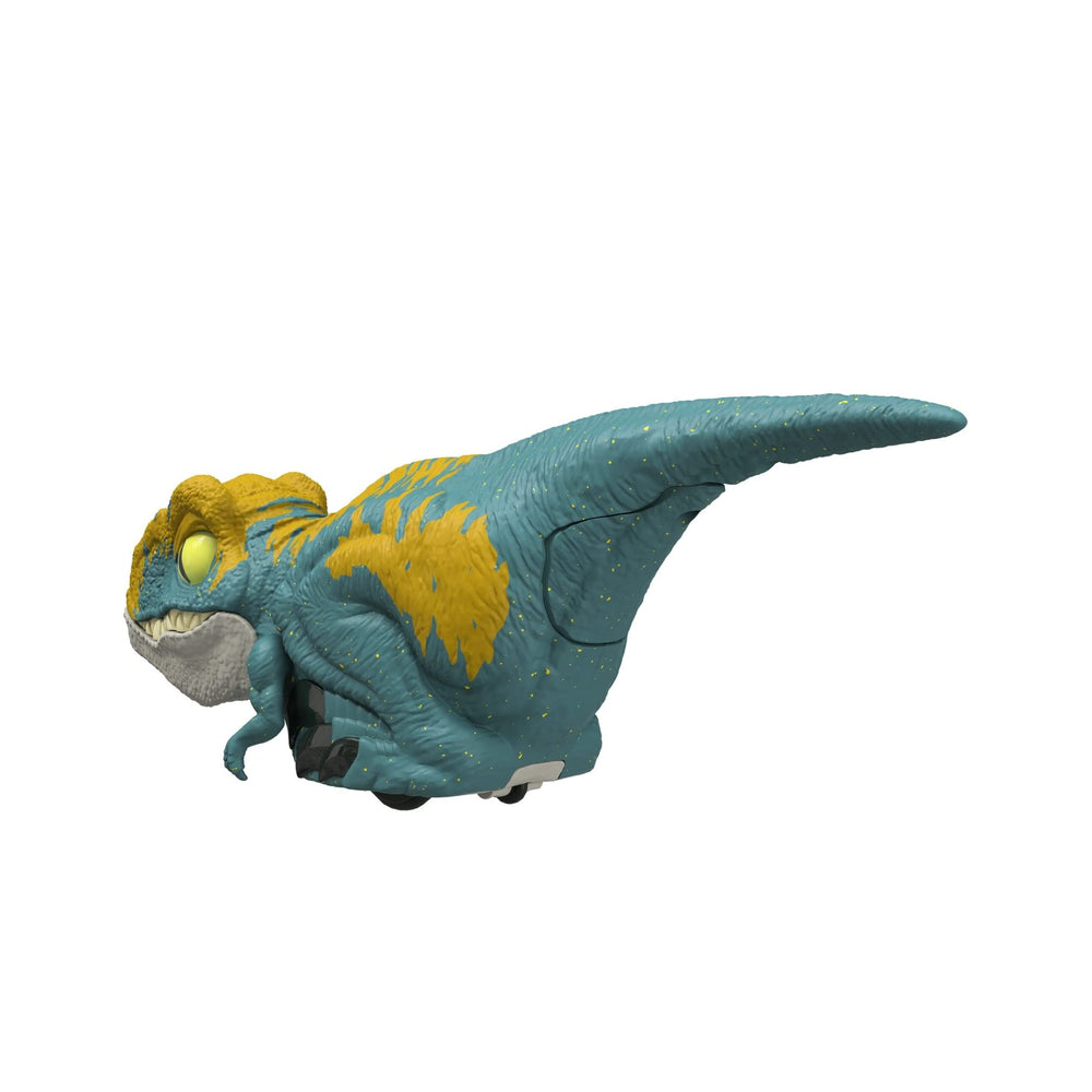 Colorful blue and yellow Velociraptor design highlights detailed texture for immersive play