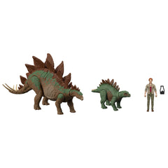 Mattel Jurassic World Dr. Sarah Harding figure with small Stegosaurus for cinematic storytelling adventures.