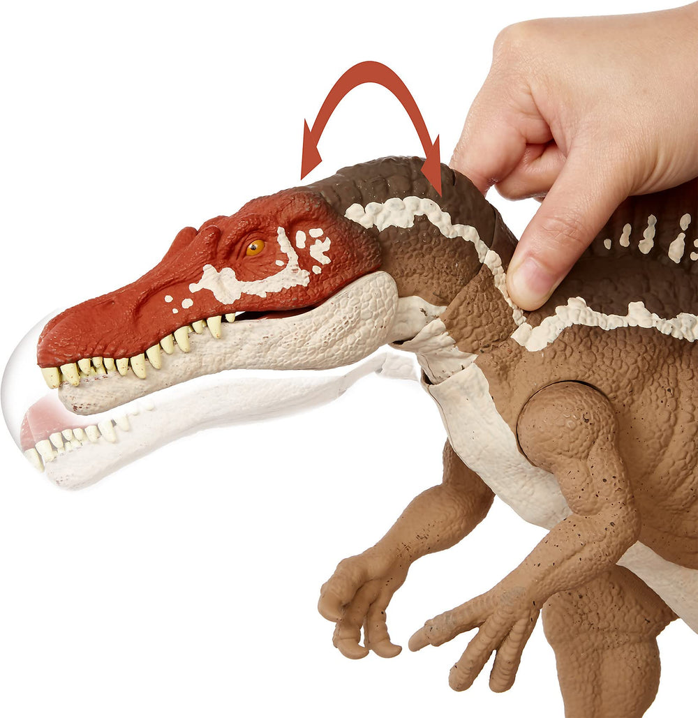 Mattel Jurassic World Spinosaurus articulated arms legs and tail for dynamic posing.