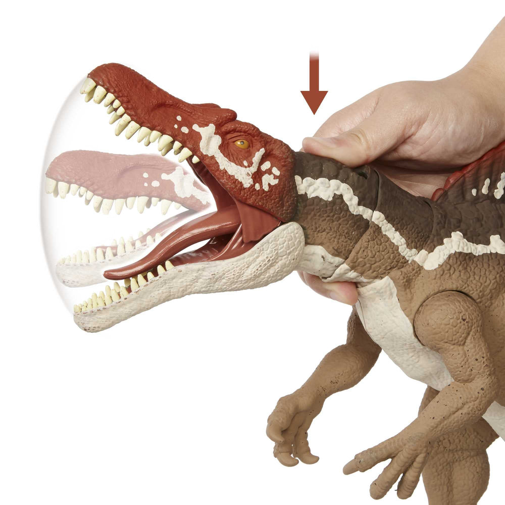 Mattel Jurassic World Extreme Chompin' Spinosaurus huge bite in dynamic pose.