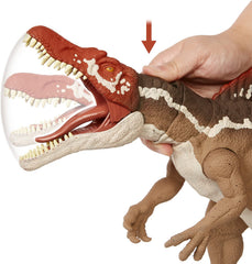 Mattel Jurassic World Spinosaurus huge teeth reveal during prey capture action.
